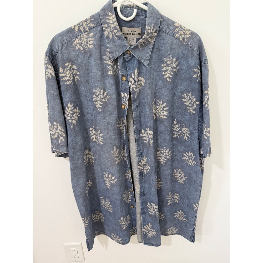 AKA Eddie Bauer Button Up Mens Large Tall Blue Good Linen Leaf Print Shirt